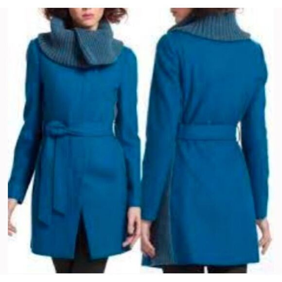 Anthropologie Elevenses Judith Blue Belted Wool Coat - Picture 1 of 6